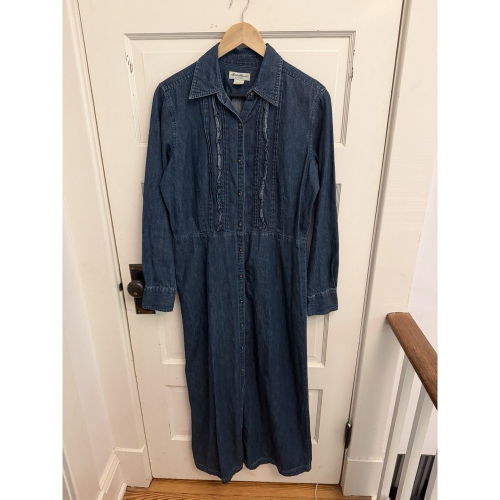 Vtg. Eddie Bauer Women's Denim Maxi Dress Long Sleeve Button Up Pintuck Ruffle M